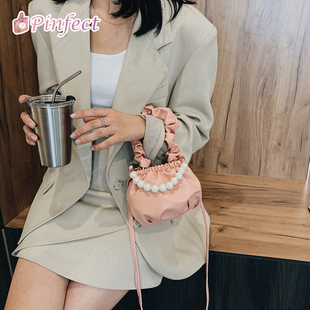 [Pinfect] Fashion Women Vintage Mini Totes Bag Elegant Pearl Pleated Handle Ladies PU Leather Elegant Small Sling Shoulder Crossbody Handbag
