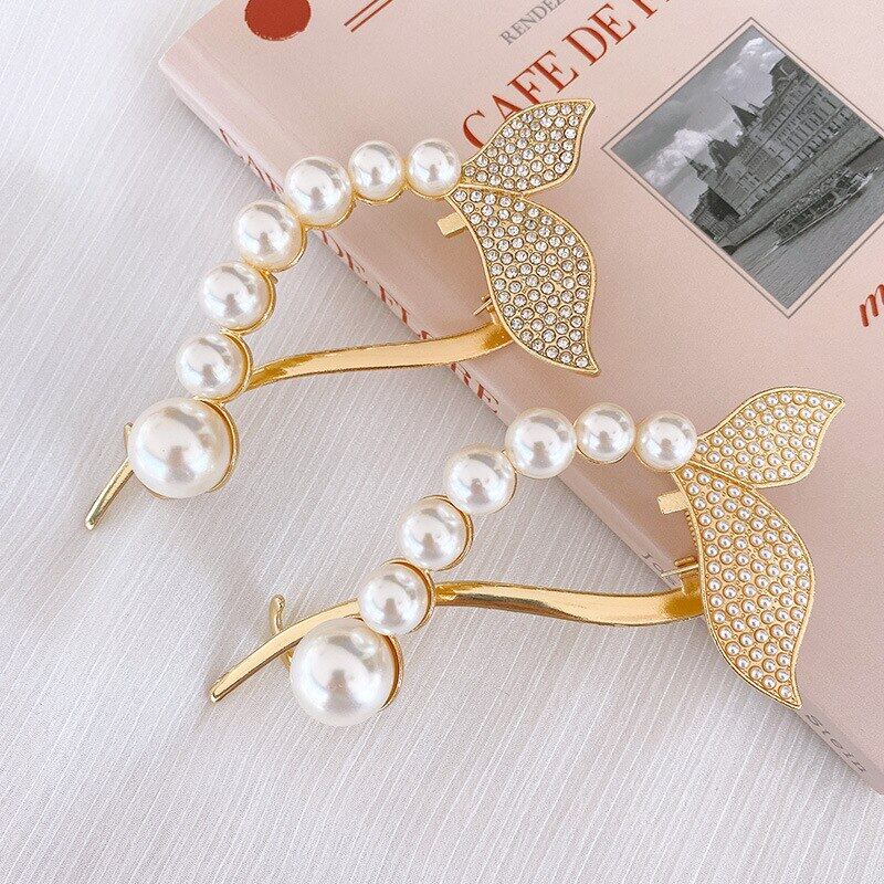 Fashion Pearl Rhinestone Mermaid Fishtail Metal Curved Hair Clip for Women Elegant Large Hair Claw Clamp Headwear Hair Accessories