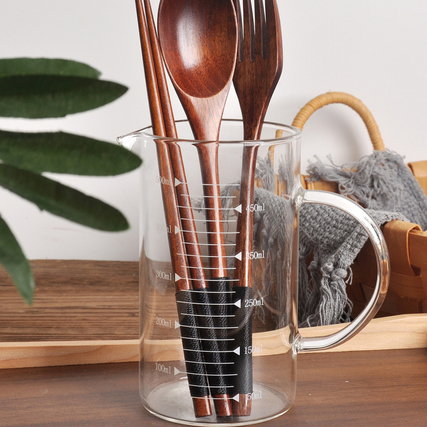 Wooden Flatware Set, 8.8"Chopsticks Spoon Fork Flatware Tableware Cutlery Set Travel Utensils Tied Line Reusable Flatware for Camping,Picnic,Office or Home (3 pcs )