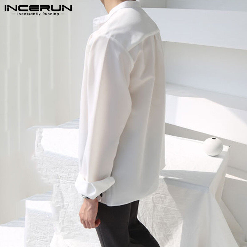 (Korea Style)INCERUN Mens Long Sleeve Plain Casual Button Down Shirts