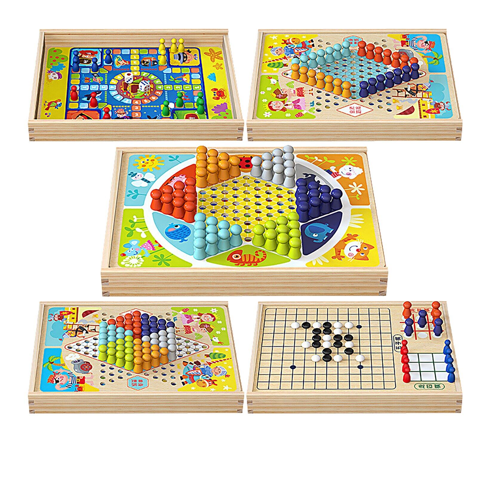 Board Game Chess Set 9in1 Portable Wooden Flying Chess Checkers Catapult Snakes And Ladders