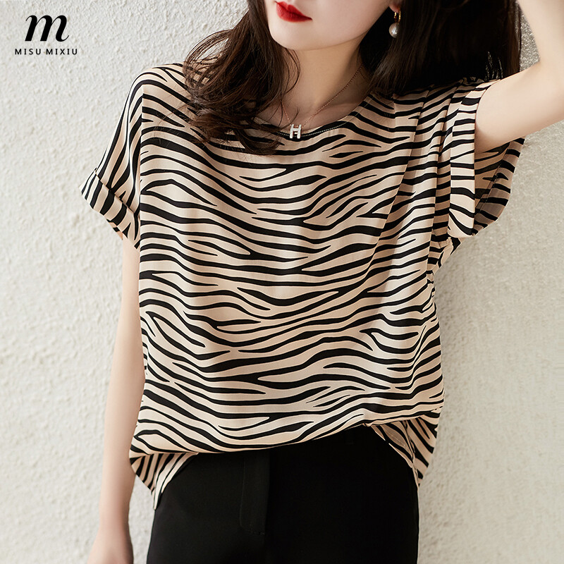 MISUMIXIU M-3XL Fashion Elegant Zebra Pattern Blouse for Women 2021 Summer New Mulberry Silk Short Sleeve Tops Lady