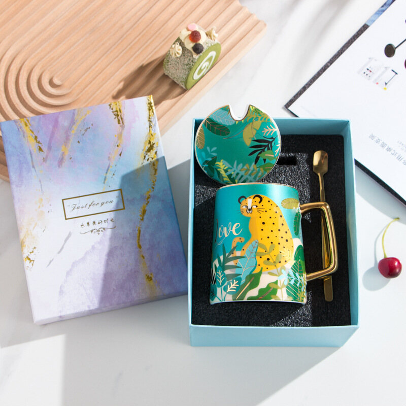 Spring, Summer, Autumn and Winter Four Seasons Ceramic Cup Four-Color Cartoon Cute Leopard Mug Office Home Self-Use Cup