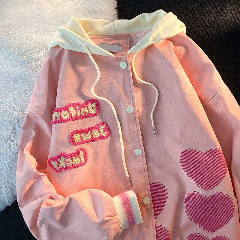 Women's Spring and Autumn Pink Girly Love Hooded Jacket