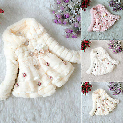 Kids Baby Girls Faux Fur Fleece Coat Jacket Winter Warm Comfy Sweatshirt Outwear Lace Pearl Plush Solid Color Coats