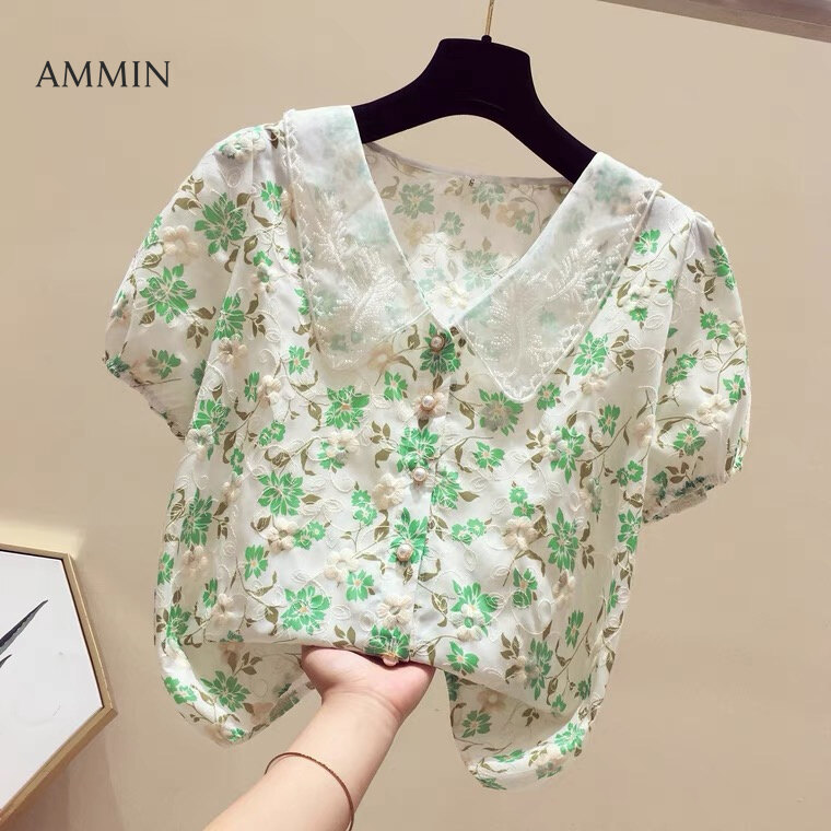 AMMIN Tops 2023 new doll collar embroidery floral print short-sleeved chiffon shirt women's summer beautiful fashion pearl buttons sweet and elegant temperament blouse