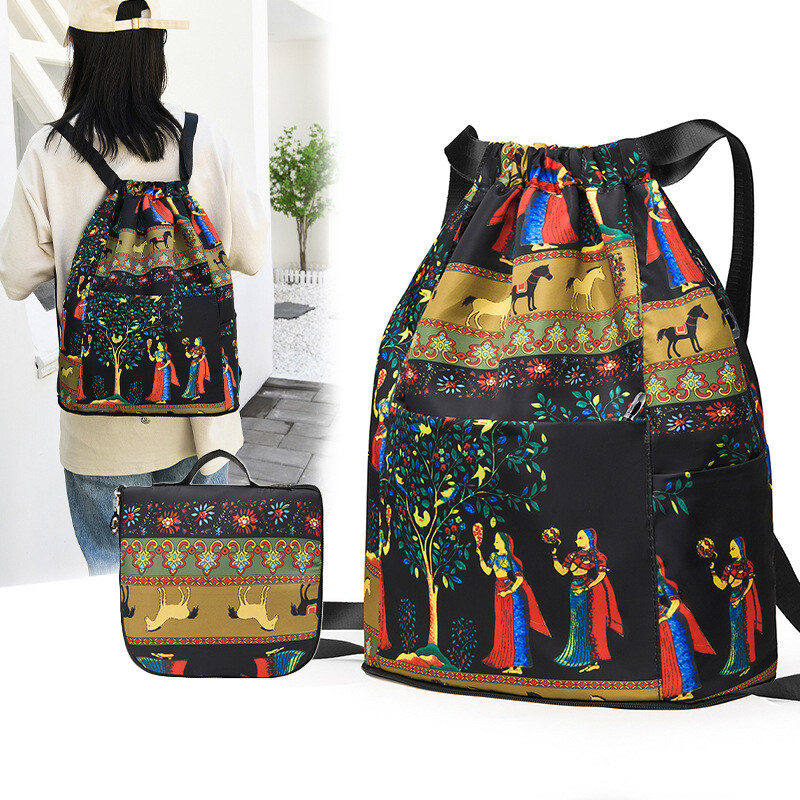 【QNAIT】Drawstring Foldable Large Capacity Dry Wet Separation Travel Sports Backpack Exotic Drawstring Gym Bag Backpack Bag