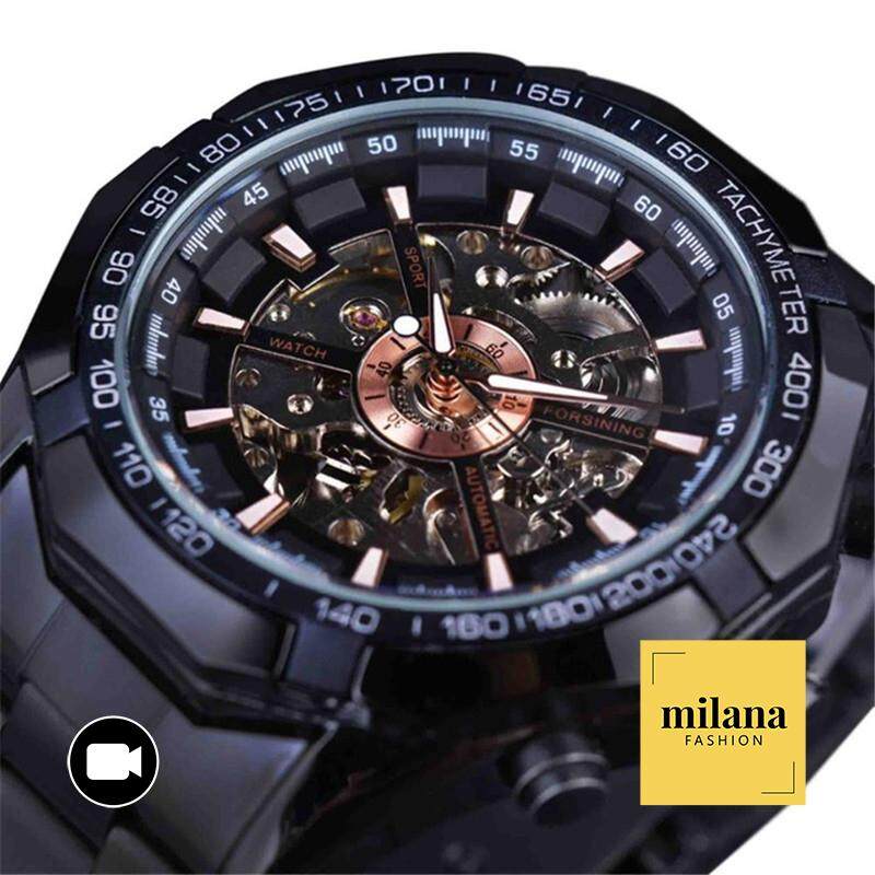 Winner/Forsining Night King Mens Automatic Skeleton Watch - Waterproof Gold Luminous Luxury Stainless Steel Strap Malaysia