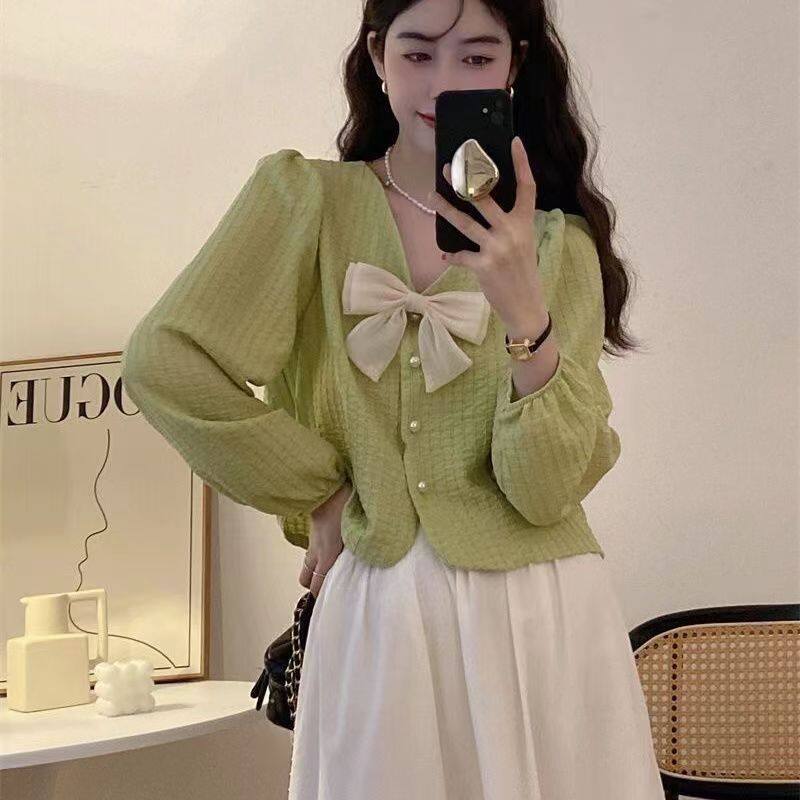 Bow tie shirt, women's long sleeved thin top