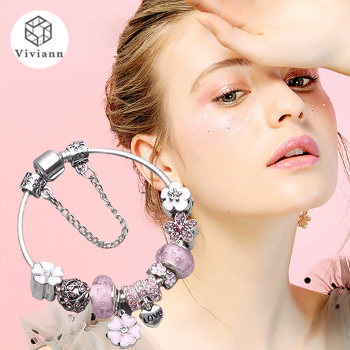 Viviann Brand Vintage Silver Color Charms Bracelets for Women DIY Crystal Beads Fine Bracelets Women Jewelry Gift Crystal Heart Charm Bracelets&Bangles Gold Bracelets For Women Jewellery Bracelet