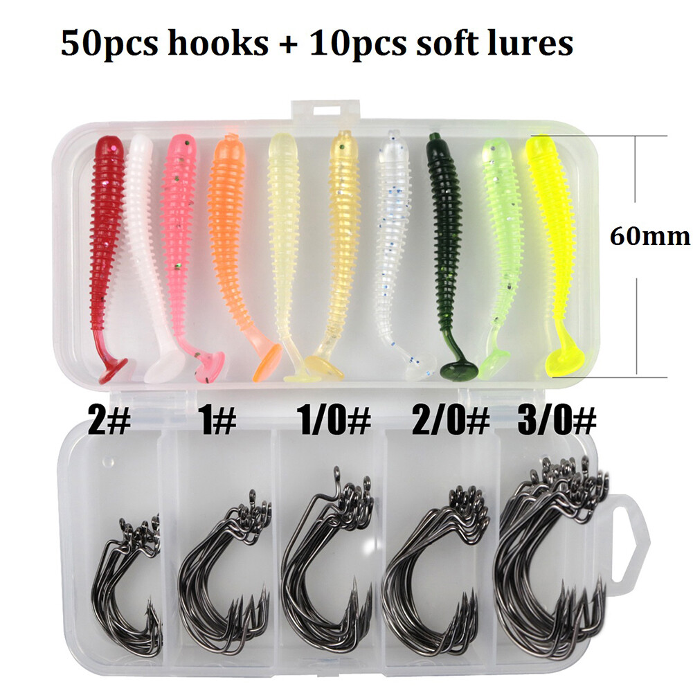 Ghxdryuru 60Pcs T-Tail Artificial Worm Bait Soft Lure + Fish Hooks Fishing Tackle with Box