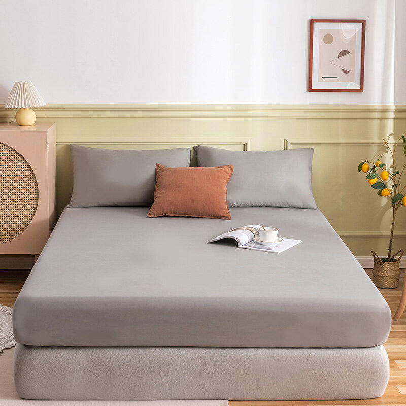 Washed Cotton Mattress Protector with Elastic Band Brushed Breathable Anti-Mite Bed Mattress Cover Queen King Size Fitted Sheet
