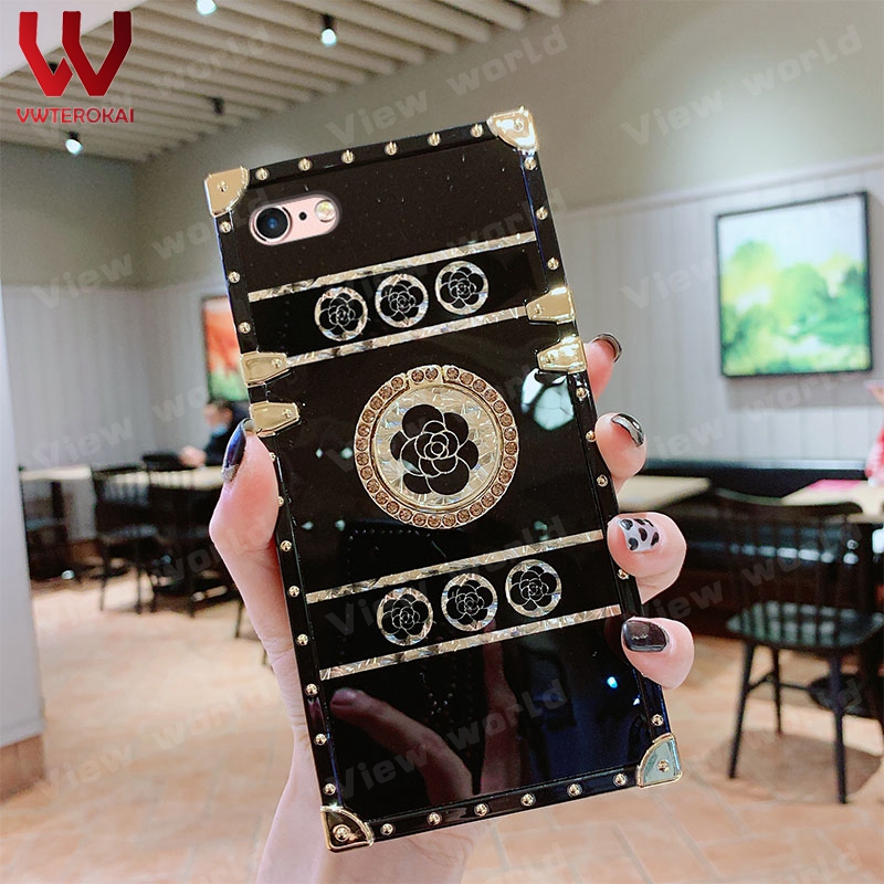 For apple iphone 11 12 13 14 plus 14 pro max 6/6s 7/8 7plus/8plus x/xs xr xs max fashion luxury retro camellia phone case with rivet glitter ring stand holder square back cover