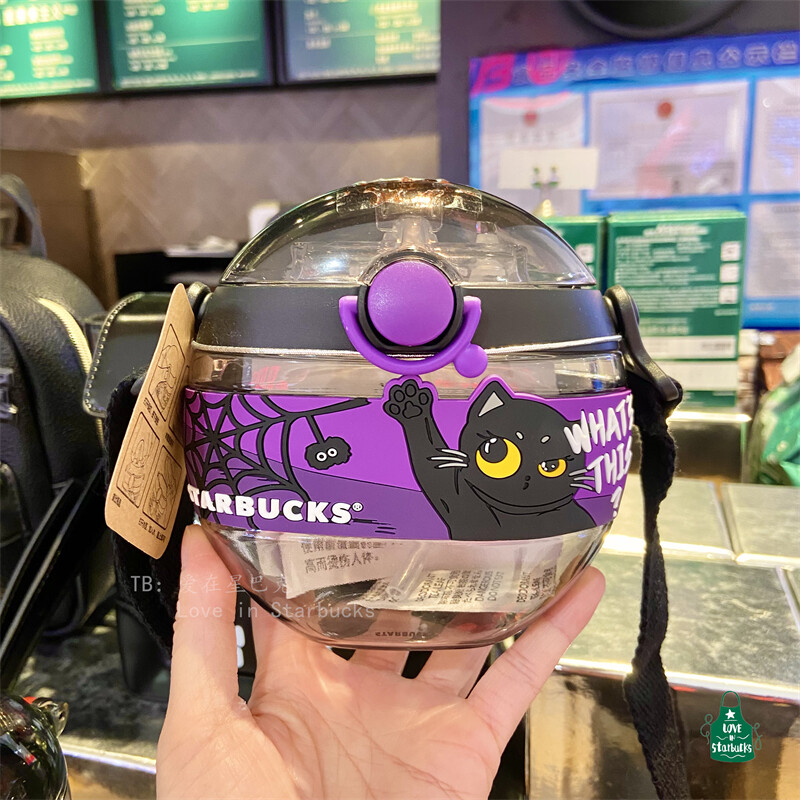 Starbuck Cup 2021 Halloween Black Cat Round Plastic Cold Water Bottle Portable Straddle Straw Cup