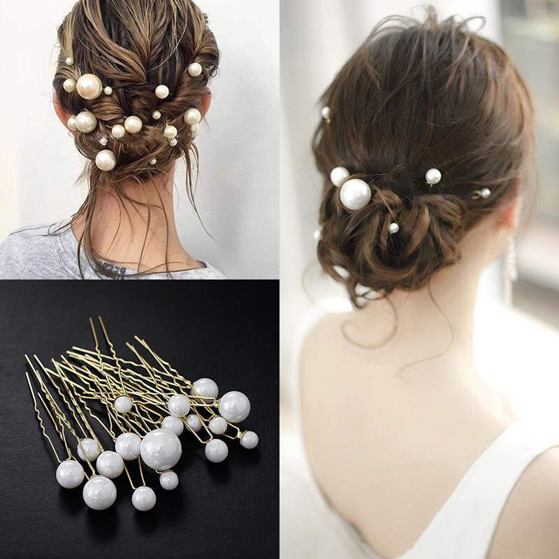 18Pcs/Set Women U-shaped Pin Metal Barrette Clip Hairpins Simulated Pearl Bridal Tiara Hair Accessories Wedding Hairstyle Design Tools