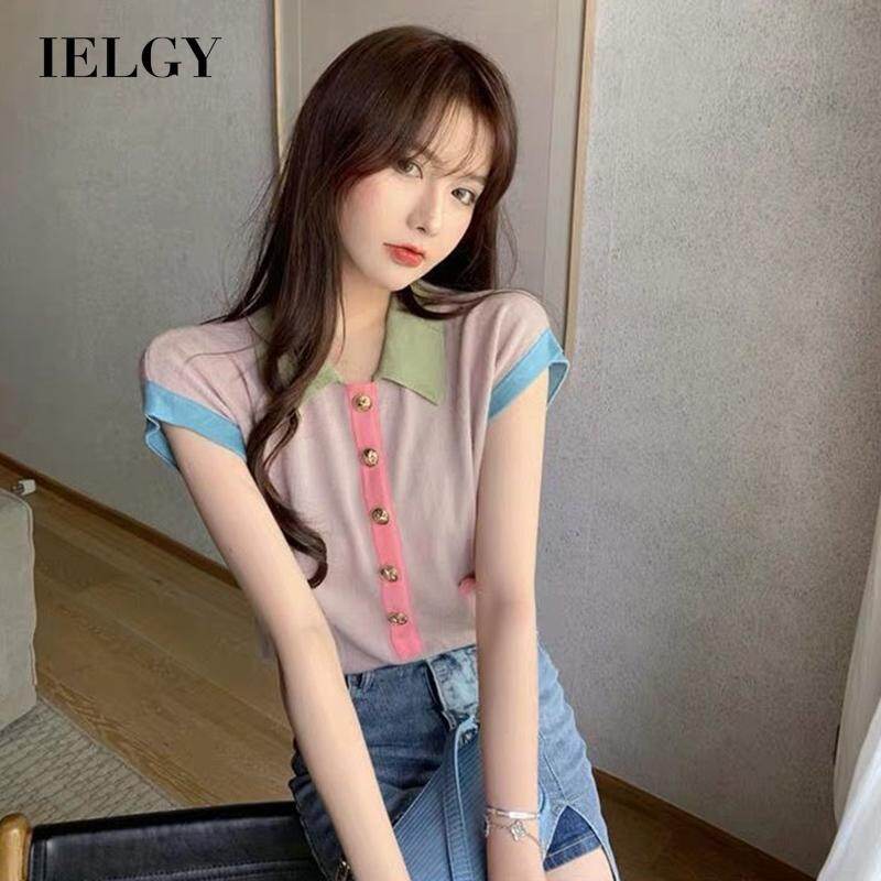 IELGY color block polo collar cropped top and thin sweater loose and versatile