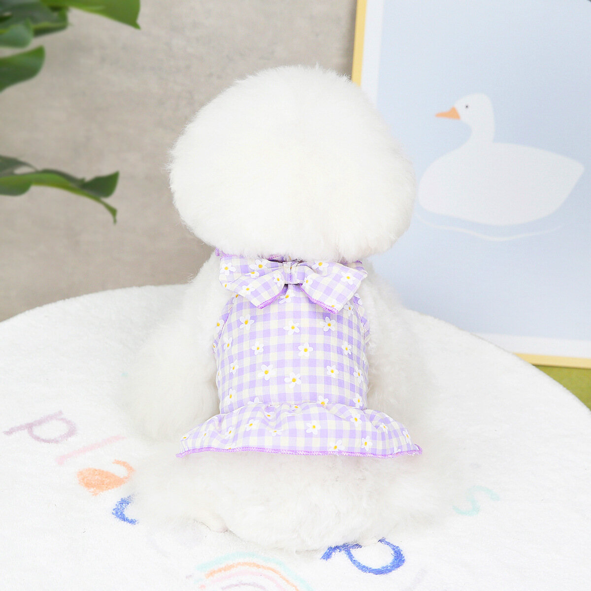 DY Loving Summer Dog Clothes Hawaii Grid Ruffle Sling Dress with Big Bow Beach Party Dress Swimsuit Floral Simon Cat Shirt