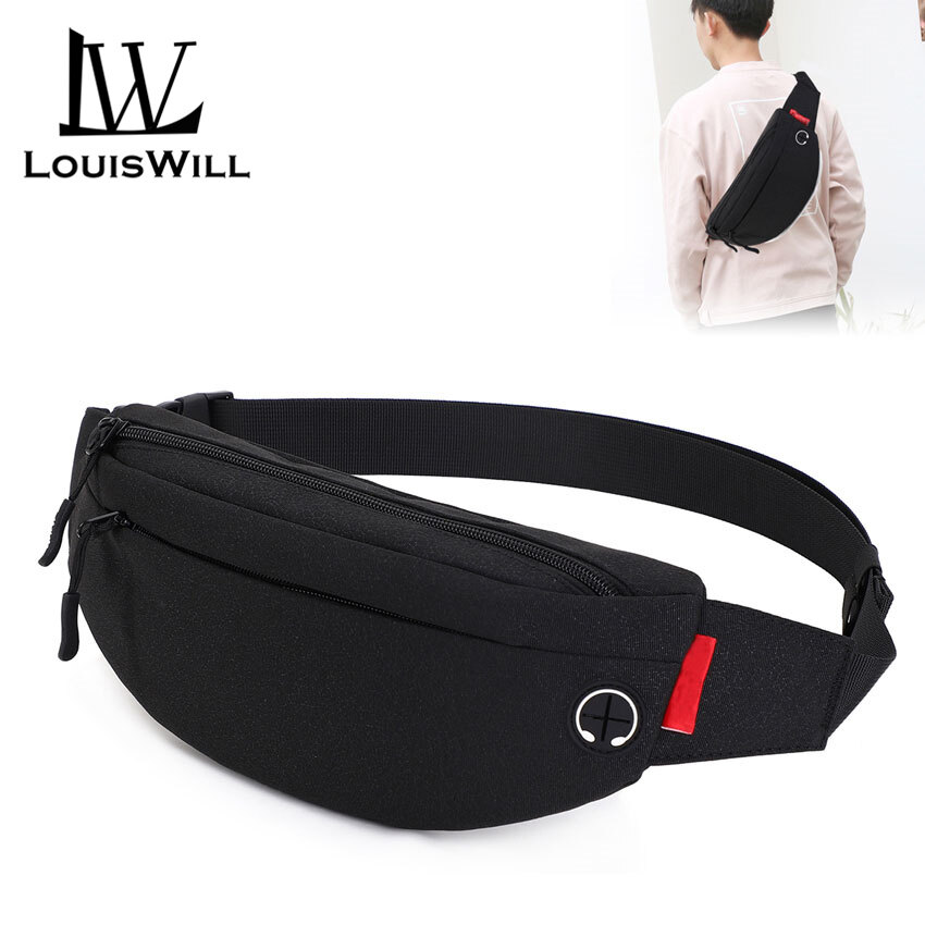 LouisWill Sport Waist Pack Cross Body Bag Pouch Bag Casual Men Chest Bag Men Fashion Shoulder Bag Waist Belt Bag Waterproof Oxford Cloth with Headphone Hole for Travel Outdoor