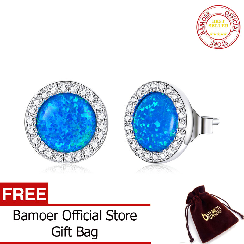 Bông Tai Đá Opal Cổ Điển Bạc BAMOER, Khuyên Tai Tròn CZ Đá Opal Màu Xanh Bạc Thật 925 Đối Với Phụ Nữ, Trang Sức Cưới Hợp Thời Trang BSE467