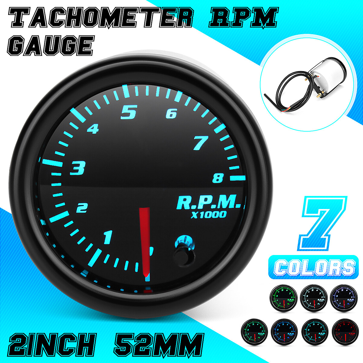 2"/52MM 12V 7 Colors Universal 8000 RPM Speedometer Car RPM Gauge