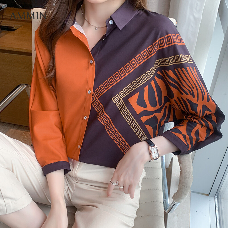 AMMIN Tops Korean version of autumn personality printing lapel button cardigan silk shirt women's  new fashion satin color matching long-sleeved elegant fashion silk blouse