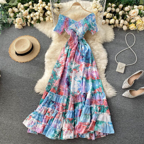Ladies Gorgeous Tie-dye Printing Stretch Ruffled V-neck Slim A-line Dress Summer Off-shoulder Temperament Rainbow Cake Umbrella Skirt Dress Female Bohemian Batik Leisure Vacation Mid-length Skirt