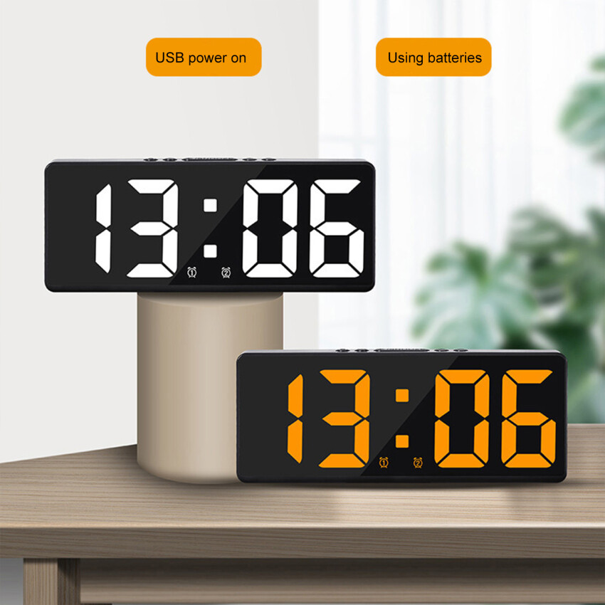 LED Mirror Large Screen Digital Clock Alarm Temperature Date Display 12/24H Anti-Disturb Multifunctional Bedroom Bedside Clock