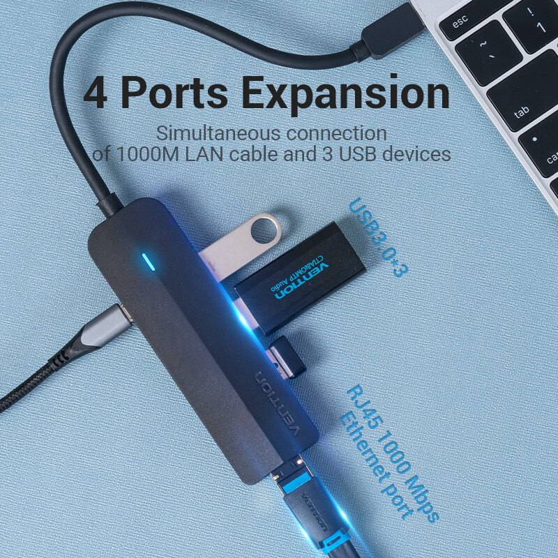 Vention USB-C Hub 4 Cổng USB 3.2 - Tốc Độ 10Gbps - Bộ Chia Cổng Type-C - Tương Thích Macbook Laptop Điện Thoại - Đèn Báo Hiệu - Cắm Là Chạy