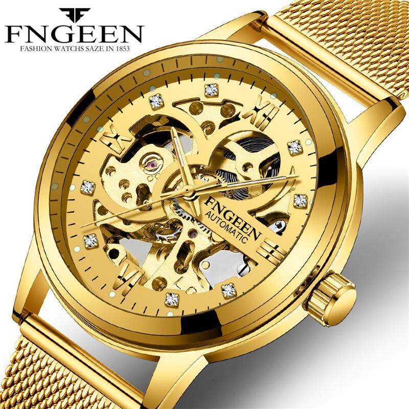 Fngeen 6018 Mewah Jam Tangan Otomatis Pria Jaring Baja Antikarat Tahan Air Jam Tangan Mekanis Rhinestone Watch