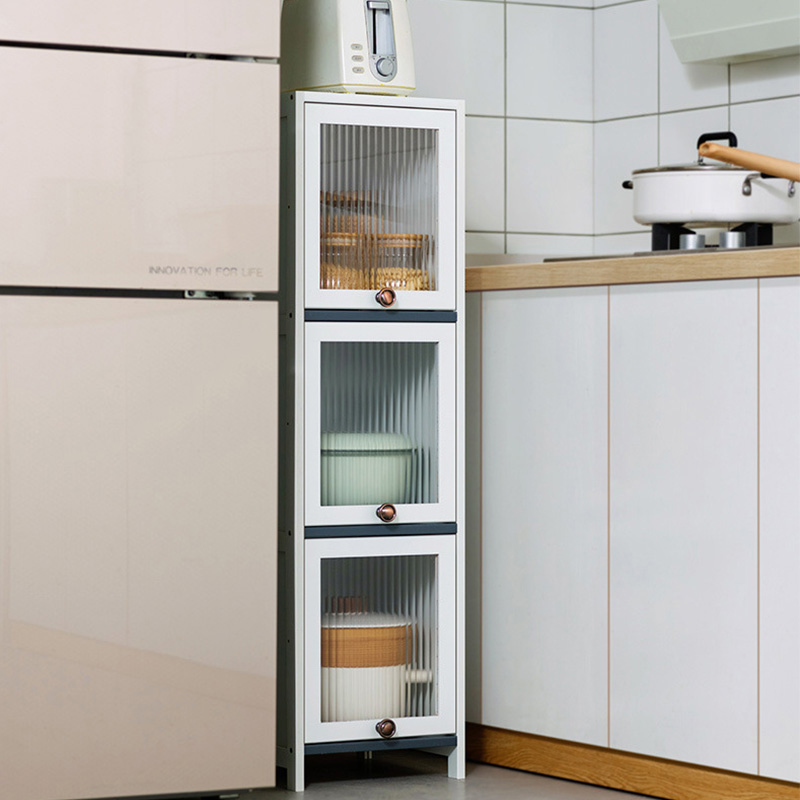 Kitchen shelves, storage cabinets, crack cabinets, storage cabinets, floor-to-ceiling multi-layered narrow gap cupboards, pots and pans, refrigerators, plates