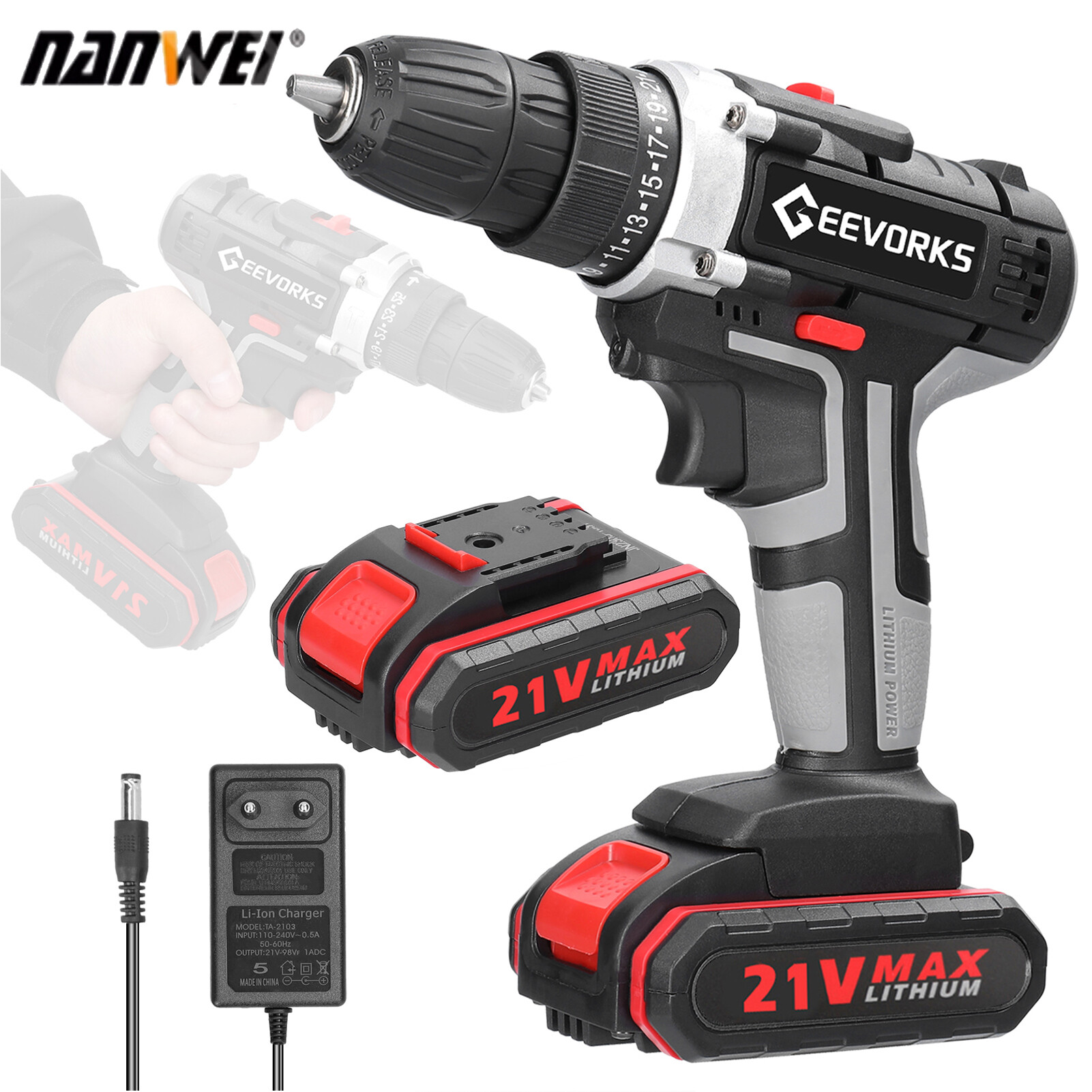 21V Multifunctional Electric Impact Cordless Drill High-power Lithium B-attery W-ireless Rechargeable Hand Drills Home DIY Electric Power Tools