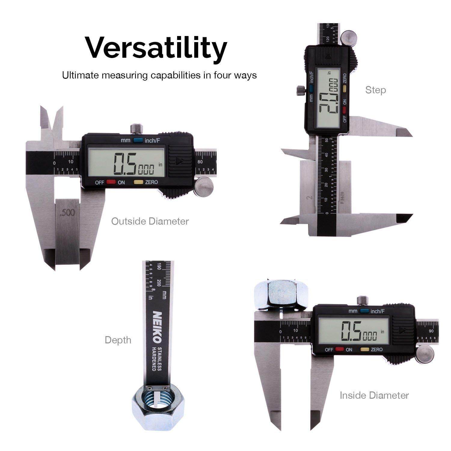 Inch//Fractions//Millimeter Conversion 0-6 Inches Neiko 01407A Electronic Digital Caliper Stainless Steel Body with Large LCD Screen