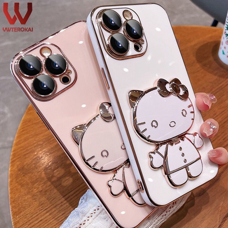 Hello Kitty 3D Cute Doll Makeup Mirror Phone Case For Apple Iphone 6/6S 6 Plus/6S Plus/ 7/8 7Plus/8Plus/X/XS XR XS Max Iphone 11 Pro Max Iphone 12 Mini 12 Pro Max 13 Pro Max 14 Pro Max 14 Plus Plated Soft TPU Bracket Back Cover