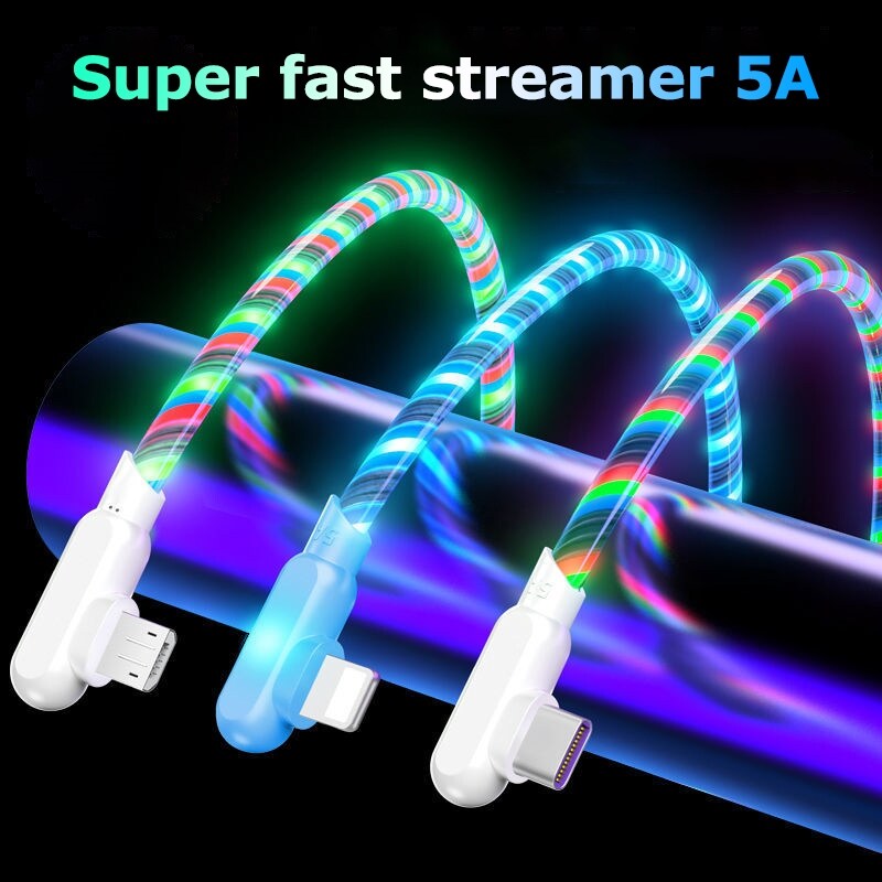 1m/2m 5A Fast Charging Cable For iPhone 13 12 Pro Micro USB Type C Flow Luminous Lighting LED Kable Data Cord For Samsung Huawei  04
