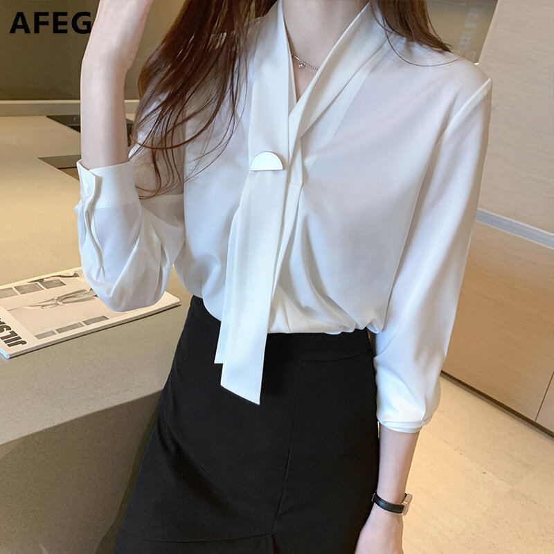 AFEG new Korean style women's long-sleeved V-neck satin elegant OL shirt for women