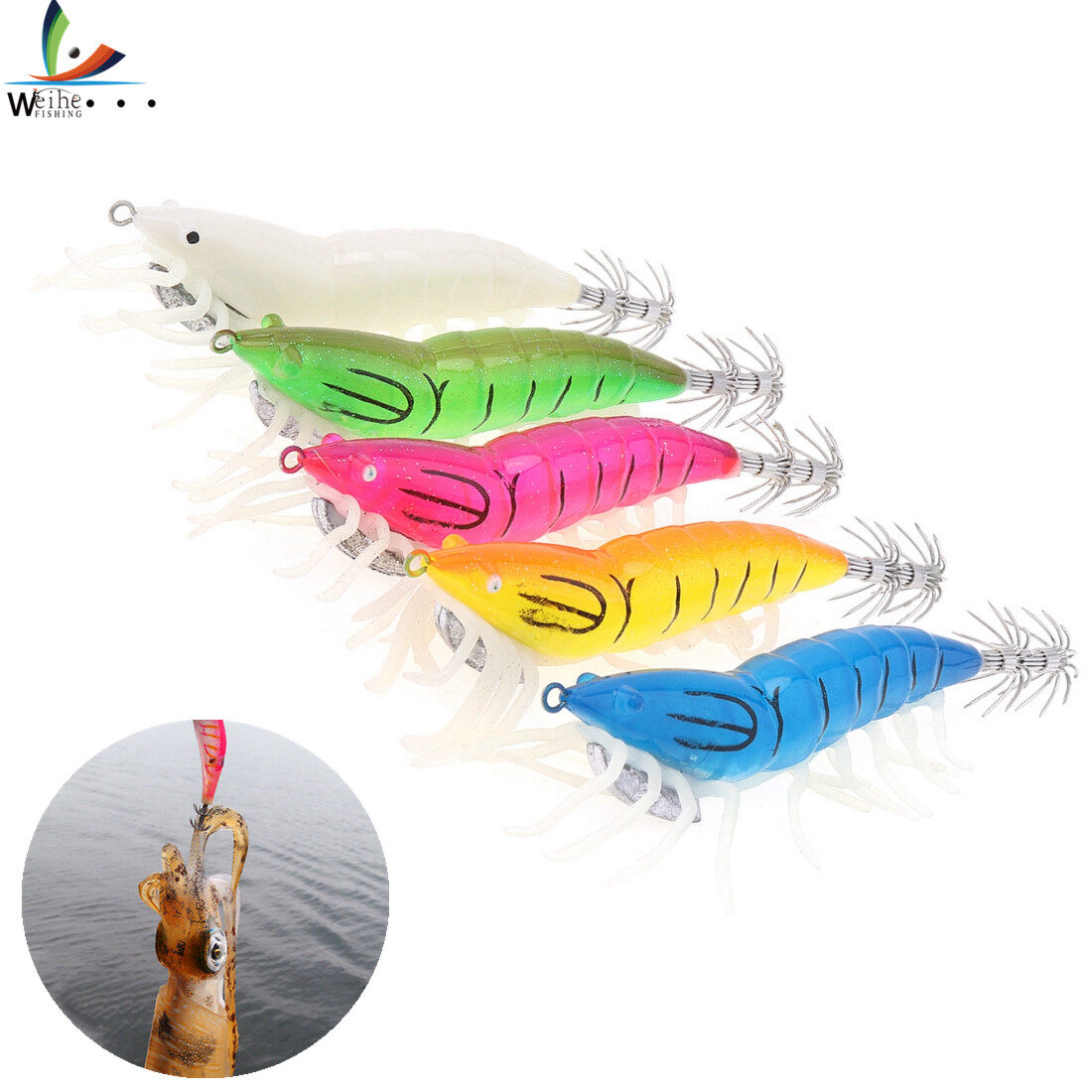 Weihe Fishing Lures Hooks Squid Bait Hook 10cm 13g Luminous Shrimp Jig for Fishing Squid Octopus Cuttlefish Lure