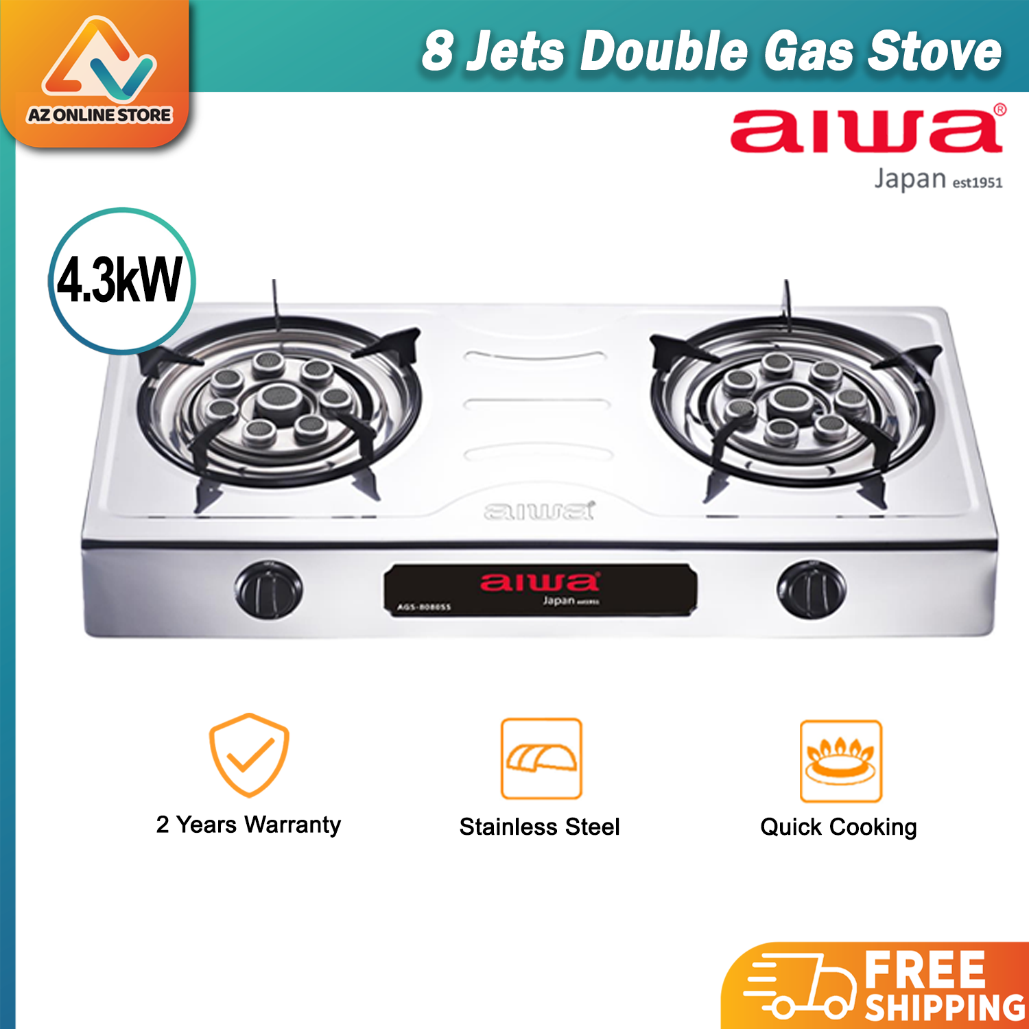 AIWA 4.3kW Stainless Steel Double Gas Hob AGS8080SS Gas Stove Dapur