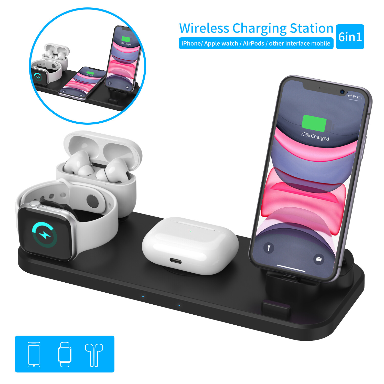 6 In 1 Wireless Charger 15w Fast Charging Station Holder For Apple Watch 5 4 3 2 1 For Airpods Pro Iphone 11 Xs Xr X 8 Huawei Samsung Xiaomi Lazada Singapore