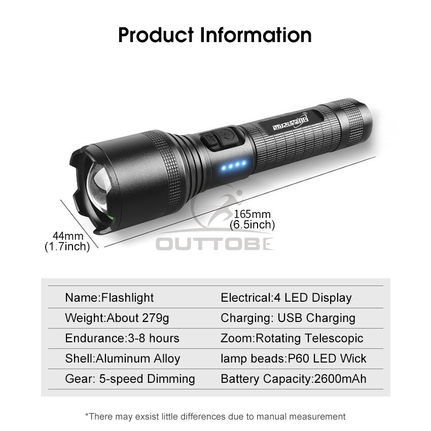 Outtobe Outdoor Flashlight LED Torch Light Zoomable Outdoor Flashlight USB Rechargeable LED Flashlight Pocket Size Waterproof Flashlight Strong Light Long Distance for Hiking