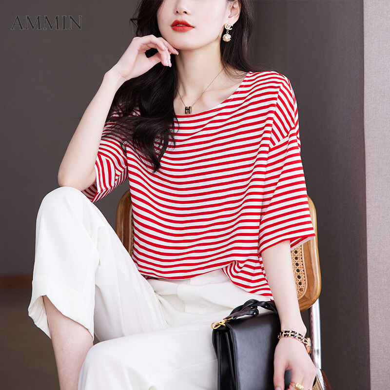 AMMIN 2022 new women's fashion short-sleeved classic striped half-sleeve silk shirt Korean style fashion elegant loose all-match round neck mulberry silk striped top