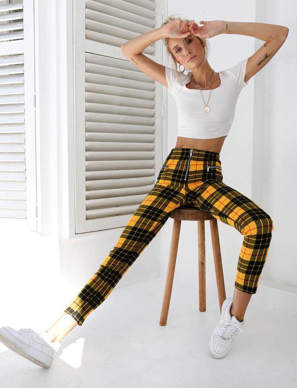 plaid female trousers