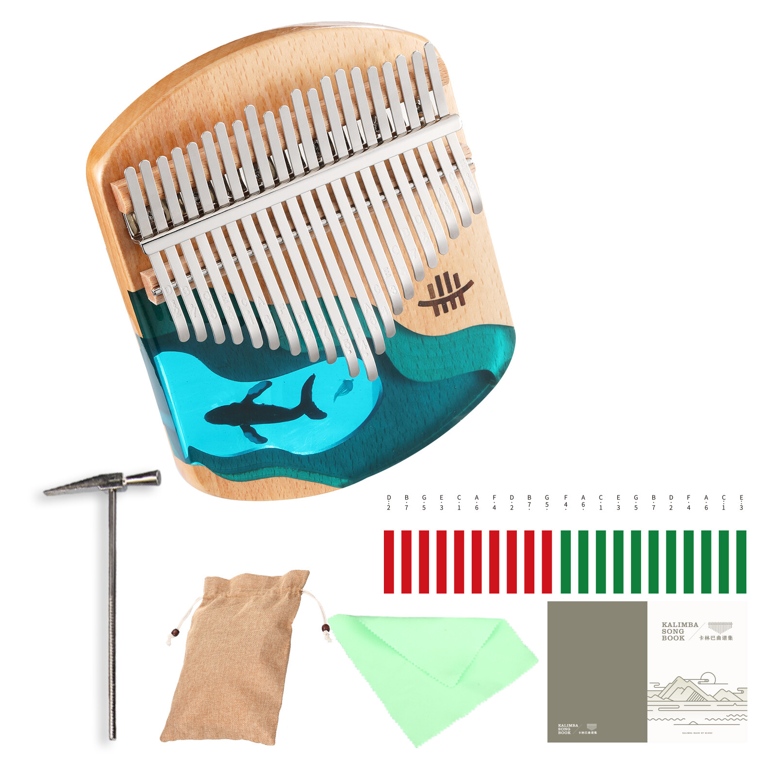 21 Keys Hluru Kalimba Piano Beech Wood Thumb Finger Piano Portable Musical Instrument Blue Ocean Whale Pattern