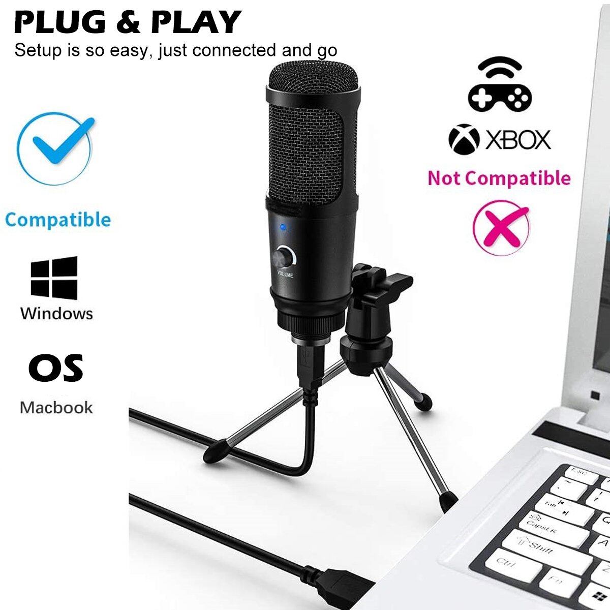 USB Microphone Recording Condenser Microphone with Foldable Tripod Stan for Laptop MAC/Windows/Linux/ PS4, Home Studio Recording Vocals, Voice Overs,Streaming Broadcast and YouTube