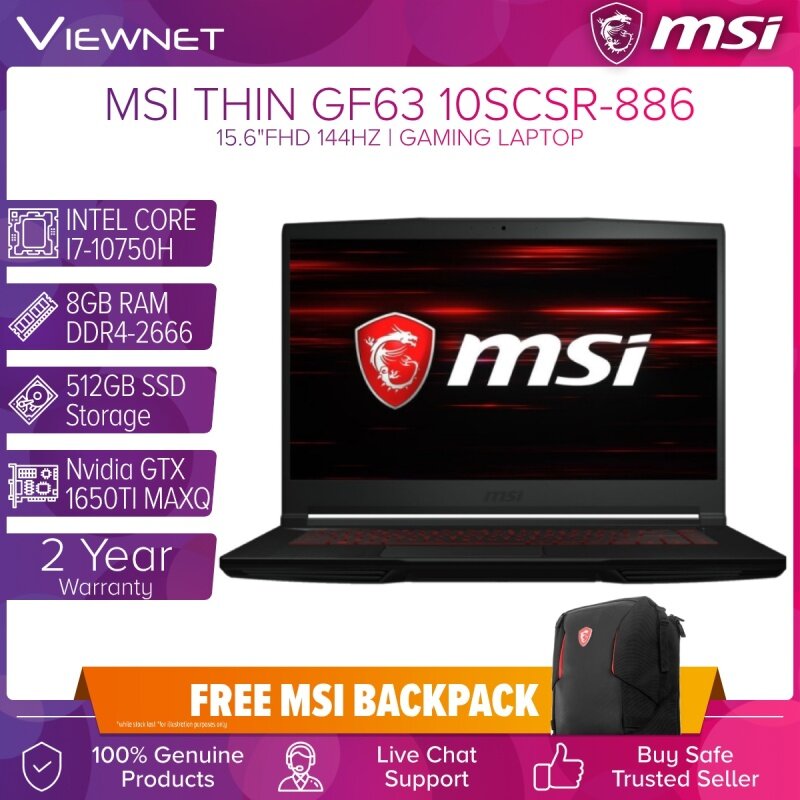 MSI THIN GF63 10SCSR-886 GAMING LAPTOP INTEL CORE I7-10750H 8GB DDR4 512GB SSD GTX1650Ti MAX Q 4GB GDDR5 15.6FHD 144Hz 2 YEARS MSI WARRANTY Malaysia