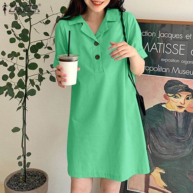 ZANZEA Korean Style Womens Summer Short Sleeve Buttons Casual Plain Mini Shirt Dress Lazada PH