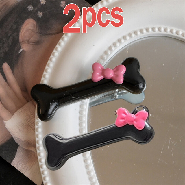 2Pcs Kawaii Pink Bow Dog Bone Shape Hair Clips Student Y2K Black White Bone Hairpin Lovely Duckbill Barrettes Hair Accessories