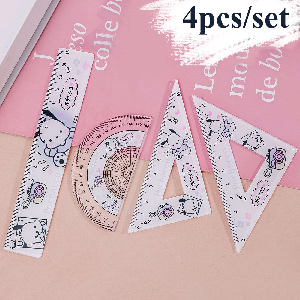 4pcs/set SANRIO Student Ruler Set 15cm Ruler Triangular Compass Measuring Kit for Students School Use