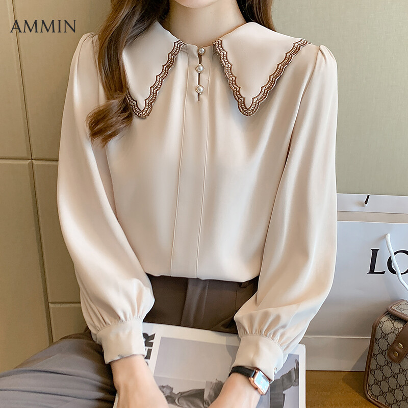 AMMIN 2023 autumn new French retro embroidery lace lapel chiffon shirt women Korean style design long-sleeved pearl buttons sweet and elegant blouse ins hot tops