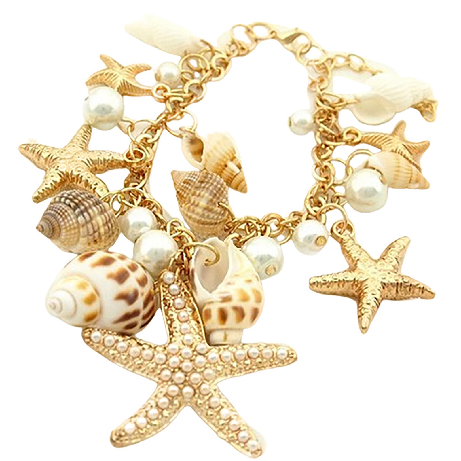 Women's Ocean Beach Sea Shell Gold Plated Faux Pearl Starfish Layered Statement Necklace Bracelet Jewelry