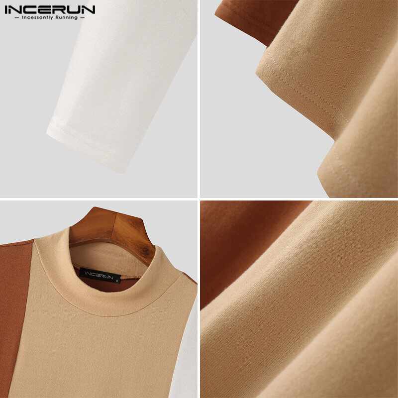 INCERUN Mens Warm Long Sleeve Mock Neck Patchwork Shirts Casual Pullover Tops Blouse (Korean Style)